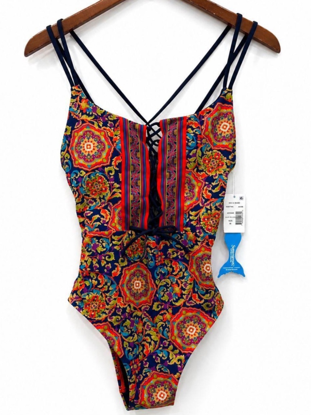 SkinnyDippers One Piece Swimsuit Boho Colorful Print Lace Up Strappy Cutout M